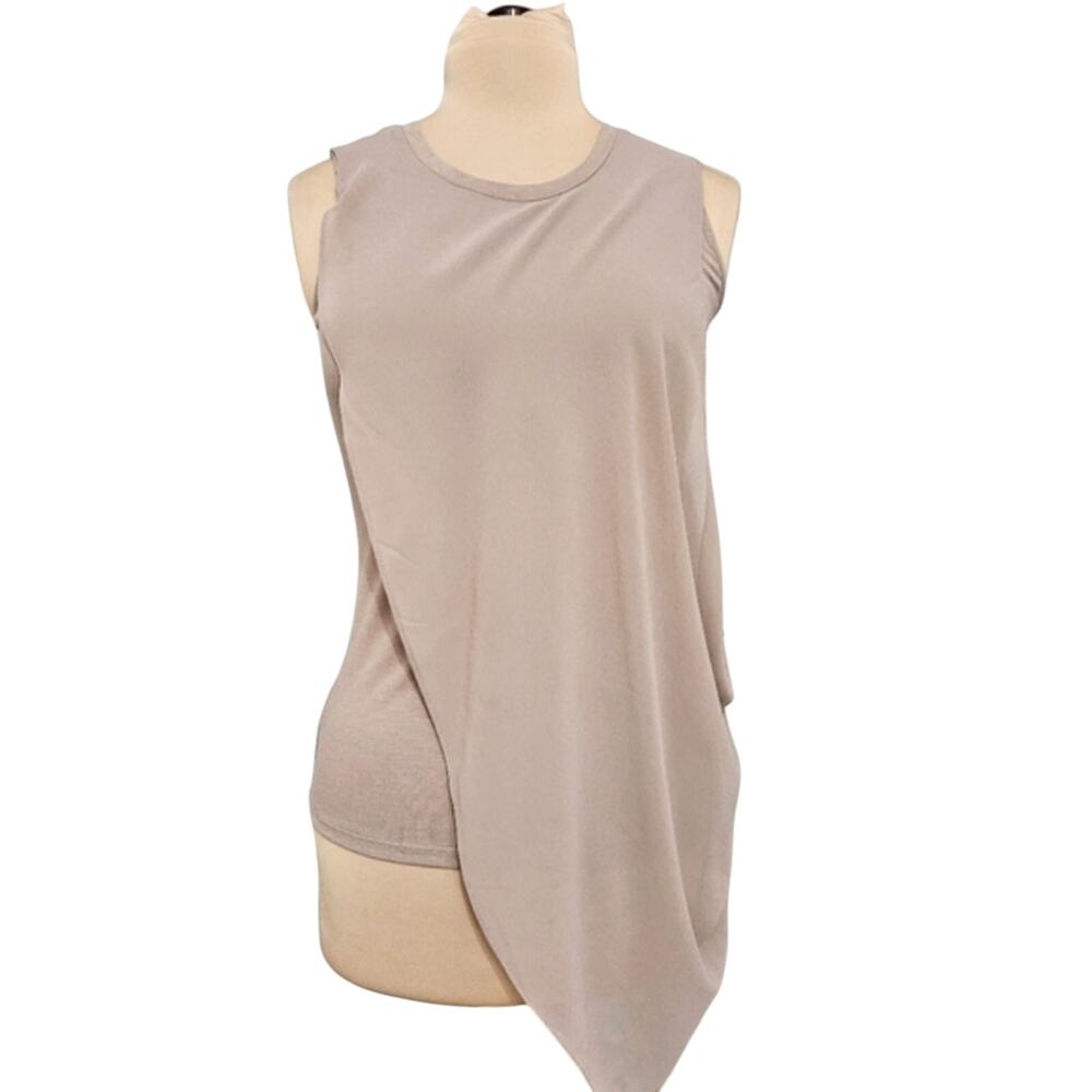 Lisa Rinna Twofer Taupe Asymmetric Chiffon Overlay Jersey Knit Tank Top Casual
